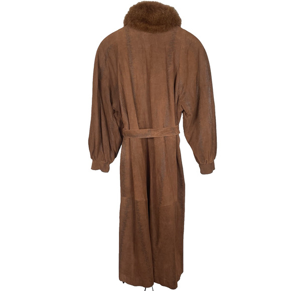 Vtg 70s Suede Trench Coat w/ Genuine Fox Fur Collar Women’s L Brown Aspen Chic - Picture 2 of 16